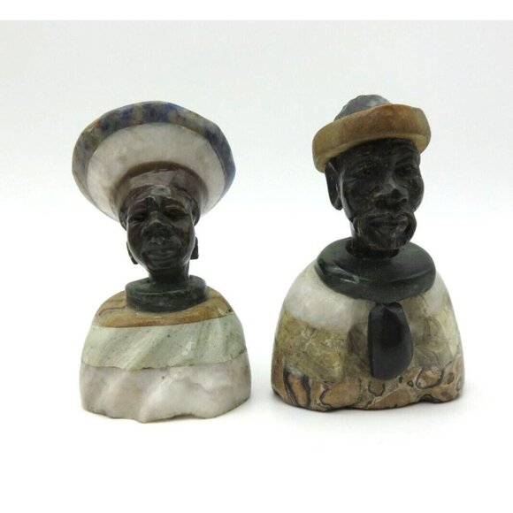Small Stone Bust Set Colourful Hand Carved in Zimbabwe Africa 3.5" and 3.1" Tall - Picture 8 of 8